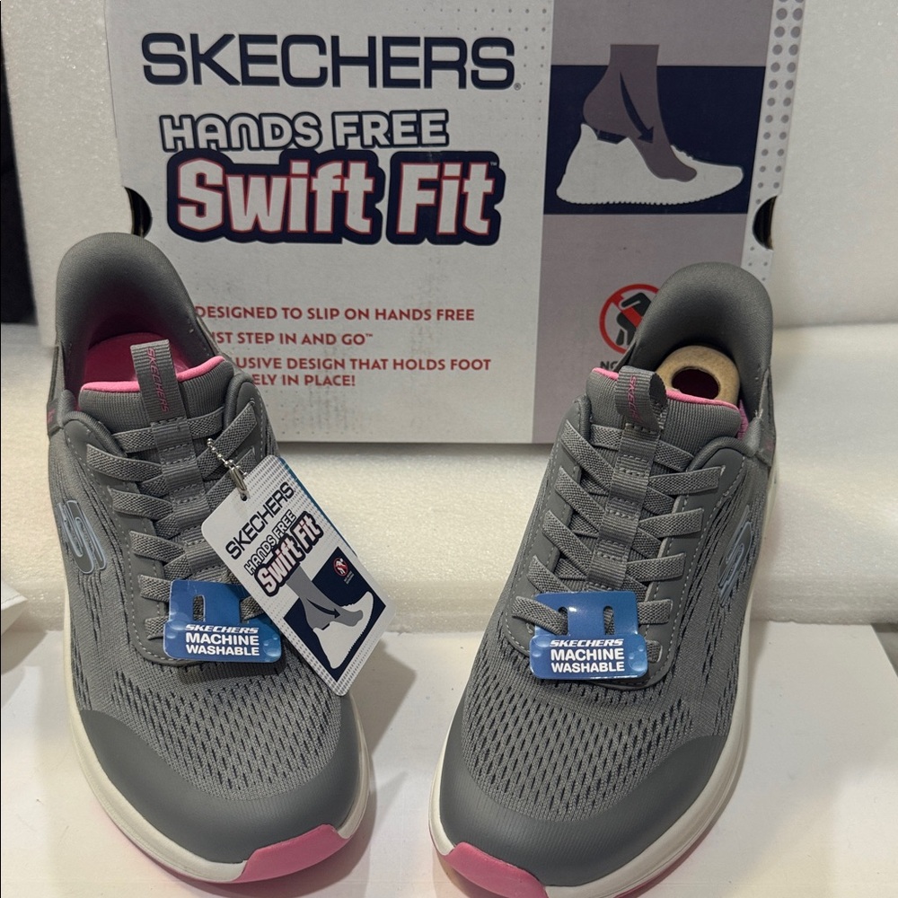 Skechers Women's Gray and Pink Sneakers ,hands free swift fit size 6